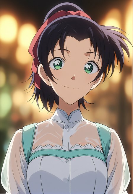 score_9, score_8_up, score_7_up, score_6_up, Light Outline,
(((1girl,solo,upper body,front view,1girl,))),
light smile, look looking at viewer, 
Tooyama Kazuha,hair ribbon,ponytail,black hair,green eyes,white dress, Light blue bustier,
(Sheer Textured Dark Pantyhose,blurry background, ),
<lora:PONY_Kazuha_Tooyama_Anime_Detective_Conan:1>