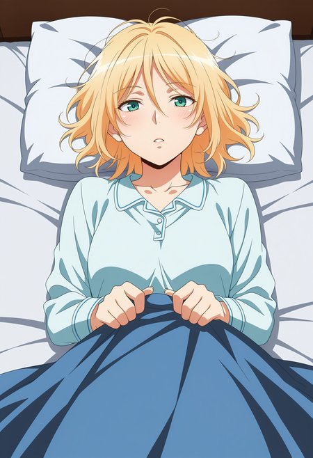 masterpiece,best quality,amazing quality,
<lora:NoobV065sHyperDmd:.5>
1girl, blonde hair, lying, pillow, from above, on back, messy hair, looking at viewer, under covers, pajamas, blanket, shirt, hair between eyes, bed, indoors, parted lips, anime coloring, green eyes, long sleeves
 <lora:chateau_dankworth_meipaws:.9>