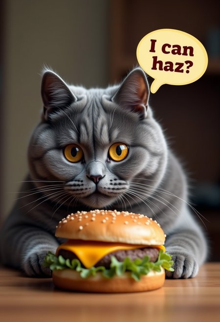 ((grey British shorthair cat)), looking at a photorealistic cheeseburger, frontal view, thought bubble coming out of  cat saying "I can haz?"
Highly detailed, masterpiece, 4k, high res, best quality,