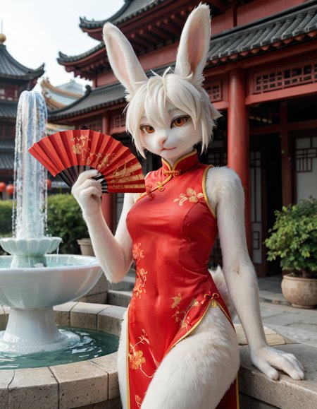 Mimiga,1girl,solo,furry female,rabbit girl,rabbit tail,rabbit ears,white fur,body fur,white hair,short hair,orange eyes,animal nose , (furry:1.5),<lora:add-detail-xl:2>, sexy chinese dress,hand fan,(seductive pose:1.5),chinese city square,fountain,
<lora:Mimiga_v01_PDXL:1>