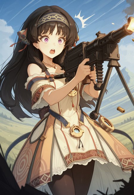 masterpiece, best quality, very aesthetic, absurdres,1girl, atslstera, long hair, black hair, hairband, purple eyes, slsteradef, beige dress, multicolored dress, print dress, necklace, off-shoulder dress, medallion, blue belt, bare shoulders, black pantyhose, (shocked:1.3) open mouth,  light blush, aiming a vkrsmmg medium machine gun weapon, outdoor, muzzle flash, bullet tracer, smoke, 