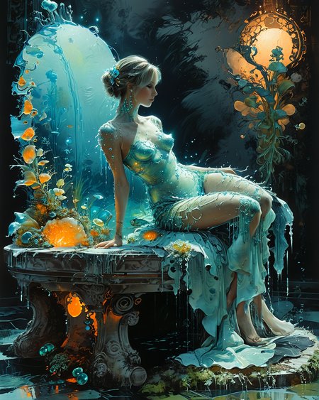(nearly invisible female air organic bioluminescent patterns:1.9), lounging on a dais, full body, crystals, fountain, sheen, reflected light, hauntingly beautiful, hyperrealistic, ultra resolution, professional photo,  <lora:xl_more_art-full_v1:0.4> , <lora:John Berkey Style:0.3> John Berkey Style page,