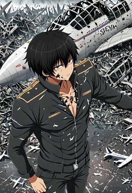 high resolution, solo, best quality, 1Boy, Seiya Kanie, black hair, short hair, thin, dystopia, Plane Crash, OverallDetail