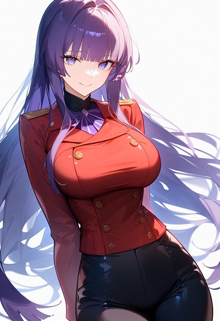 (score_9, score_8_up, score_7_up, source_anime) (masterpiece:1.2, best quality), (finely detailed eyes: 1.2) (ultra-detailed, hires), (detailed face, detailed eyes), (best illumination), detailed glow, high contrast, looking at viewer, ((solo)), emotionless, smile, squinted eyes, closed mouth, 1girl, solo, (large breasts, thin waist, wide hips), raiden_mei, ((dark_purple hair)), indigo eyes, long hair, blunt bangs, ((red peacoat, closed peacoat, black trousers)), face shot, cowboy shot, no background, empty background, (masterpiece, best quality, very aesthetic, absurdres), (ultra detailed perfect piece:1.2), illustration, masterpiece, (extremely detailed CG 8k), (very fine 8K CG), <lora:add-detail-xl:-1>