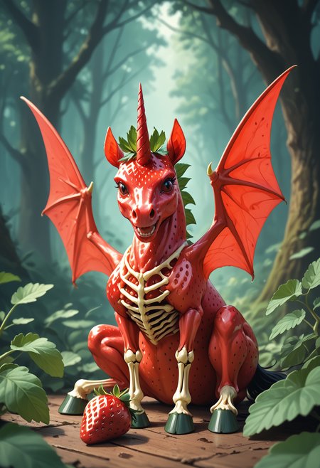 score_9, score_8_up, score_7_up,
Skeletal unicorn, horse with one horn on head, hooves, bat wings, action pose, detailed background,
WORLD MORPH STRAWBERRY, MULTIPLE STRAWBERRIES SKIN