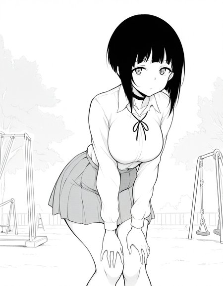 masterpiece, best quality, amazing quality,, <lora:kyockcho-miyabi-manga-illustriousxl-lora-nochekaiser:1>, miyabi, short hair, bangs, monochrome, greyscale, mature female, breasts,, skirt, shirt, long sleeves, ribbon, school uniform, pleated skirt, choker, collared shirt, neck ribbon, black choker,, hands on own knees, playground, swings, slides, outdoors, cowboy shot, solo, looking at viewer