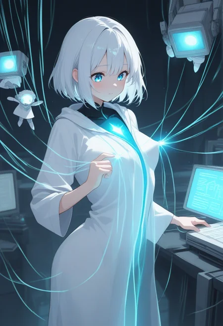 masterpiece, best quality, good quality, very aesthetic, absurdres, newest, 8K, depth of field,  in the style of cknc, artist:moriimee, in the style of cksc,
1girl, short platinum hair, bright blue eyes, medium firm breasts, tight robe, front view, standing in a lab, rubbing nipples through fabric, focused gaze, complex machinery
BREAK
beeping monitors, glowing vials, sterile surfaces, humming computers
BREAK
cold light, sharp focus, clinical precision, deep concentration,yazloba_puppeteer,ethereal atmosphere,  <lora:ya_strings_of_fate :1>