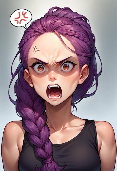 score_9, score_8_up,score_7_up, source_anime, 1girl, solo, <lora:EPfePetra:1>, 
EPfePtr, brown eyes, long hair, purple hair, single braid, braided ponytail,
black tank top, 
portrait, shaded face, angry, screaming, anger vein, spoken anger vein,