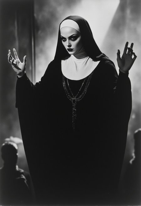 Black and white image, nun, ecclesiast, religious mystique, mythp0rt, ArsMovieStill, 20s Silent Movie Still