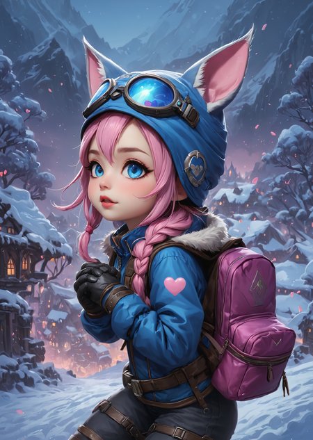 Score_9, score_8_up, score_7_up, score_6 (World of Warcraft)
(high-resolution, detailed texture, atmosphere)
(award winning, stunning, masterpiece, best quality, chiaroscuro, vibrant, colorful, absurdres)
snow, mountain, winter, flowers, whimsical, magical, dark background, steam delivery girl, 1girl, pouty lips, thick lips, :3, animal, animal ear headwear, animal hat, ((animal on head)), backpack, bag, baseball cap, black gloves, blue eyes, blue hat, blue jacket, blush stickers, cat, cat hat, cat on head, chibi, fingerless gloves, gloves, goggles, goggles on headwear, hat, heart, jacket, on head, open mouth, outline, pink background, ponytail, purple bag, waving
(natural light, light particles) (detailed image, high resolution, 5k resolution:1.0)
 <lora:3D_Demon_Grillz:1>