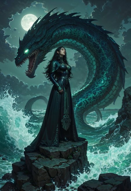 In the heart of a stormy ocean, a mysterious woman stands atop a jagged outcrop of black stone, her presence commanding the fury of the sea. Her long, dark gown billows like waves in the wind, adorned with iridescent patterns resembling bioluminescent coral. Her eyes glow a deep, unearthly green, and her hair flows like kelp caught in an unseen current. Rising from the depths behind her, the colossal tentacles of a kraken break the surface, each one slick and glistening with seawater, etched with glowing, rune-like patterns. The kraken’s eyes, enormous and glowing like twin beacons, mirror her piercing gaze. Waves crash violently against the rocks, the spray catching the faint glimmer of moonlight, while the entire scene radiates an aura of ancient, unfathomable power.