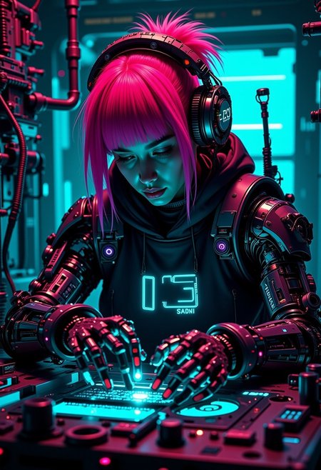 A digital artwork in the style of cknc, beautiful cyberpunk girl, shaggy cut fiery middle red hair with sharp bangs, one cybernetic eye, detailed face with dark lipstick, wearing a tech-enhanced hoodie with neon accents and mechanical details, intricate cybernetic arm with exposed mechanics and glowing elements, working on a mechanical skull with integrated circuits and holographic displays, surrounded by detailed mechanical parts and tools, (neo-noir lighting), (cyberpunk workshop background), cables and mechanical tubes in background, neon cyan and magenta color scheme, detailed mechanical elements, cinematic composition, ultra detailed, sharp focus, illustration style, digital art, (masterpiece), (best quality), intricate details, professional lighting, volumetric lighting