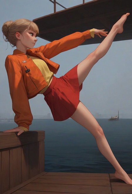 safe_pos, score_9, score_8_up, score_7_up, score_6_up, 
1girl, 25 years old, perfect face, cute, petite,
light brown hair, blunt bangs, hair bun,  
grey eyes, 
orange jacket, yellow shirt, red skirt,
sitting, stretching leg, flexible, wide spread legs, wide shot, from side, dynamic angle, dynamic pose, barefoot, 
pier