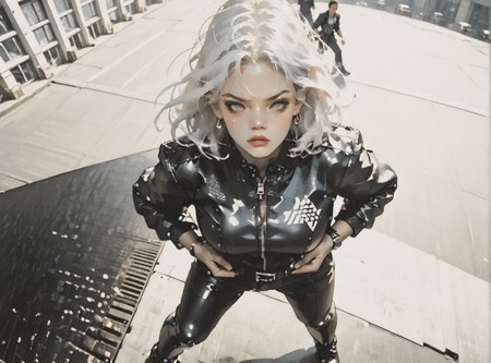 score_9, score_8_up, score_7_up, Fighting scene, shot from above, looking up against all odds, woman, pale skin, large breasts, <lora:sm0k3XLP:1>, <lora:goth_clothes:1>, Black leather jacket, black leather pants, black riding boots, white highlights, Long white hair, young face, <lora:Our_Muted_Future_Style:1>, <lora:Dark_Retro_Scifi_Aesthetic:1>,