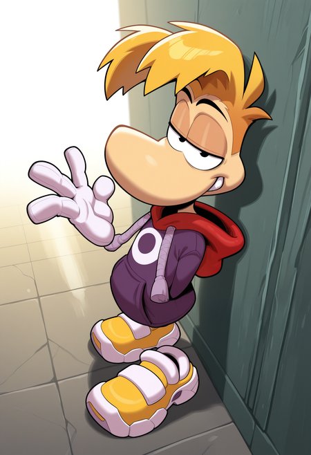 masterpiece,best quality,amazing quality, 1boy, solo, r4ym4n, furry, rayman limbs, white gloves, yellow shoes, purple hoodie, black eyes, yellow hair, full body,