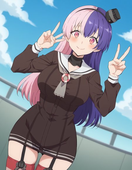 score_9, score_8_up, score_7_up, source_anime, <lora:nagomi-s1-ponyxl-lora-nochekaiser:1>, nagomi, long hair, bangs, purple hair, pink hair, multicolored hair, pink eyes, two-tone hair, split-color hair, large breasts, mature female,, <lora:kancolle-amatsukaze-cosplay-ponyxl-lora-nochekaiser:1>, kancolle amatsukaze cosplay, amatsukaze (kancolle) (cosplay), lifebouy ornament, sailor dress, smokestack hair ornament, grey neckerchief, lifebouy, cosplay, garter straps, brown dress, striped thighhighs, mini hat, red thighhighs, short dress,, ocean, smile, blush, blue sky, v, cowboy shot, looking at viewer,, , dutch angle, cowboy shot