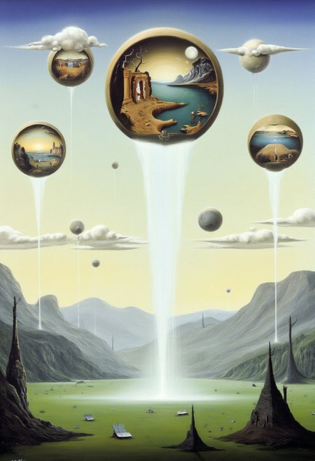 A Surr3@l, landscape with floating orbs in the sky, each orb containing a different miniature landscape inside. The main landscape is an ethereal, dreamlike space with soft, pastel-colored clouds, shimmering mist, and distant mountains with unusual formations. The floating orbs reflect a variety of environments, including a lush forest, a desert with swirling sands, a futuristic cityscape, and an underwater scene. The overall atmosphere feels otherworldly and mystical, with delicate lighting casting long, soft shadows across the scene.