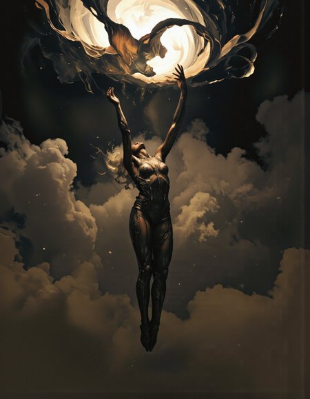 Art by Piotr JabÅoÅski. A digital illustration shoot from a low angle about a humanoid figure suspended in mid-air, holding a large, flowing object above their head, against a dark, smoky background with a swirling, ethereal light source. the image also shows dramatic lighting and a sense of movement. on the middle of the image, a muscular, dark-skinned woman appears to be in her mid-twenties, with her arms outstretched and her head tilted upwards, as if she is floating in the air. she is wearing a form-fitting, metallic bodysuit that covers her entire body. her facial expression is not visible, but her eyes seem to be looking up at the object floating above her head. her body is slim and muscular, and she has a determined expression on her face. her hair is styled in a way that frames her face, and her hair color is not mentioned in the reference tags.