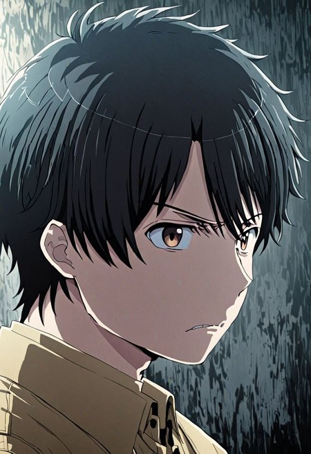 high resolution, solo, best quality, 1Boy, Inaho Kaizuka, Black Hair, portrait, looking at viewer, focused gaze forward, upper body, head upright, anger, OverallDetail