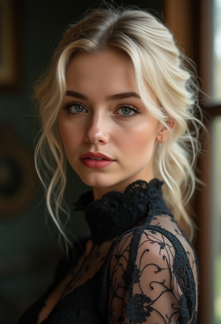 A hyper-realistic portrait of a young woman with delicate facial features, captured in soft, warm lighting. She has smooth, flawless skin with a subtle glow, and her makeup emphasizes her natural beauty with defined eyes and soft red lips. Her blonde hair is elegantly styled, pulled back with loose curls framing her face. She wears intricate black lace clothing, with delicate patterns and a high collar, adding a touch of gothic elegance. The background is blurred, focusing entirely on her serene expression and the details of her attire.
