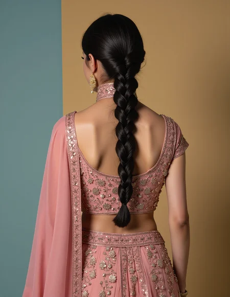 from behind,looking back photo of a pretty woman with a d351 l1ght skintone, hyper realistic photo that is safe for work, serious, studio quality image with natural colors, well dressed wearing intricate turtleneck Rose Quartz Rajasthani Lehenga, hair styled as  french plait,muted pastel shaded multicolored background that contrasts with the person, cinematic lighting,âââââ   <lora:D351_L1ght_Desi_Latte_Flux_Kohya_V3:0.8>âââ