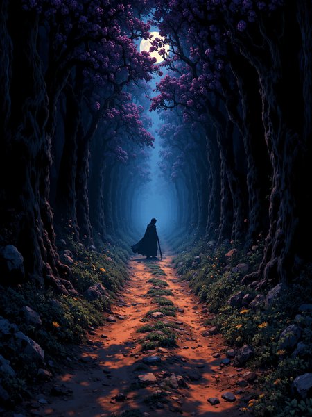 graphic novel digital illustration. emotional. vivid colors.

stretching ahead is a meandering (bright brown dirt) path through a dark forest. dappled moonlight occasionally forces its way through the towering trees on each side of the narrow path. the path eventually fades into the mist beyond. (coming out of the foreboding mist is the ominous silhouette of a solo human figure holding a sword). (the gnarled trees are laden with ((purple berries))). the underbrush at the side of the path has yellow daisies