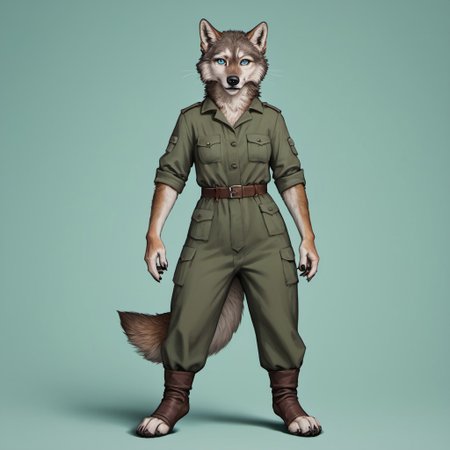 score_9, score_8_up, score_7_up, source_furry, detailed face, detailed eyes, incredible detail BREAK 1girl, solo, anthro, wide shot (furry female, wolf, light brown fur, monotone fur, light blue eyes,slightly wide hips, small breasts), black nose, whiskers, ear flop, solo, looking at viewer, simple background, green background, full body, hunter outfit, archer outfit