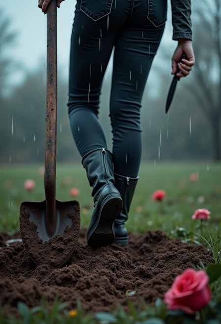 A pretty woman with black boots and dark jeans having one foot on a shovel head as she shoves it in a dirt grave. Knife in the other hand. A dress shoe is sticking out from the grave. Wilted roses on the grave. Rain is falling from the sky, gloomy day, horror, scary, photograph, cinematic, high quality, detailed, realistic