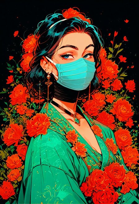 (1girl:1.2), (adult:1.2), (solo:1.2), (Asian woman:1.3), (surrealistic allure:1.4), (vibrant blue mask:1.3), (floral patterns:1.2), (mystical blue eye:1.3), (elegant dark hair:1.3), (red and white flowers:1.2), (green kimono:1.3), (traditional floral motifs:1.2), (glossy fabric:1.3), (bold neck wrap:1.3), (light beige background:1.2), (hyper-detailed mask:1.4), (three-dimensional textures:1.3), (digital artistry mastery:1.4), (Japanese aesthetics:1.3), (contemporary techniques:1.2), (traditional meets modern:1.3), (captivating visual narrative:1.4), (dreamlike aura:1.2), (elegance and mystery:1.3), (digital art masterpiece:1.5), masterpiece, high quality, 4k, score_9, score_8_up, score_8, score_9, score_8_up, score_7_up, score_6_up, (best quality:1.1).