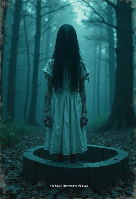 A damaged image from an old Japanese horror movie like 'The Ring', with a blue-green monochromatic color scheme, low contrast and grainy texture like it's from an old VHS tape. The image shows a ghostly girl standing rigidly in the center of a dark and eerie forest. She wears a white dress and has long, dark hair completely covering her face. The creepy girl is emerging from a well and has dirty hands.
The image has subtitles with the text "You have 7 days to give me Buzz.". 
The overall mood of the image is deeply unsettling and disturbing.