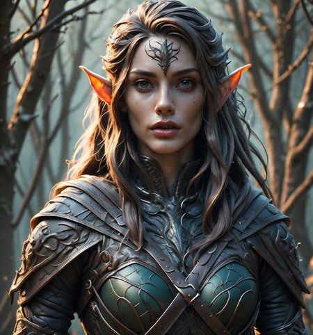 RAW photo, (masterpiece:1.3), subsurface scattering, heavy shadow, (high quality:1.4), (intricate, high detail:1.2), professional photography, HDR, High Dynamic Range, realistic, ultra realistic, photorealistic, high resolution, film photography, ambient lighting, atmospheric effects, <lora:detail_slider_v4:3>, OverallDetail,a female elf warrior, wearing intricate elven armor, leather scalemail, elar, <lora:ElvenArmor1:0.74>, <lora:Evil:0.8>, evilrealm, a clearing in an evil and dark forest, sinister fog, <lora:cleavage:-2>,  <lora:zoom_slider_v1:1>, epiCPhoto