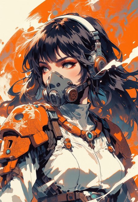 Mh1$AgThS2, intricate linework with expressive contrasts, soft lighting with dynamic highlights, neo-noir portrait, portrait of a japanese sci-fi warrior princess, long hair, bangs, sidelocks, dark eyeshadow, orange and white mecha suit embossed with eastern dragon motif, respirator, directional light, In the style of ff-td