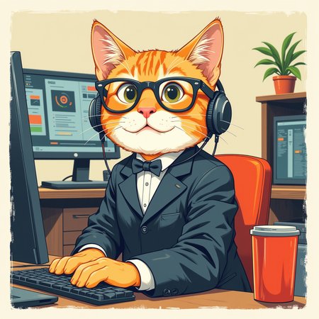 illustration of a cat in office attire. He works in IT.