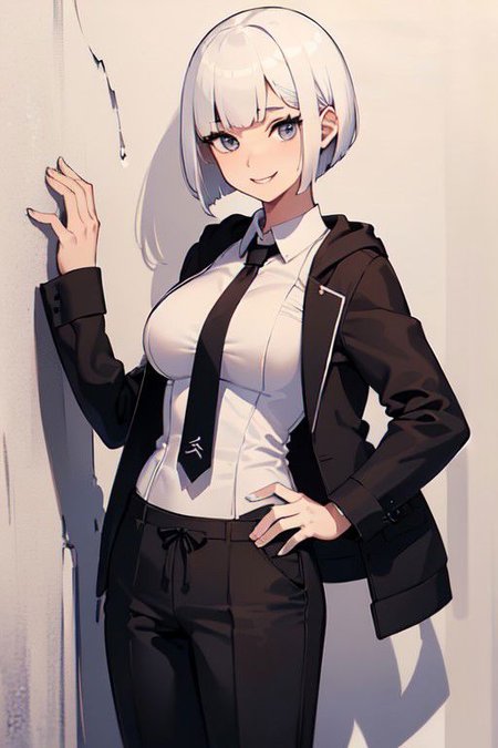 (best quality, masterpiece, detailed drawing:1.2), (official portrait, girl, pure white short haircut with full blunt fringe, in a business shirt, tie, trouser, under a black hoodie jacket, standing still by a wall, light proud smile:1.5), (mature body, extremely oversized large breasts:1.3), (cowboy shot, zoom-up:1.3),