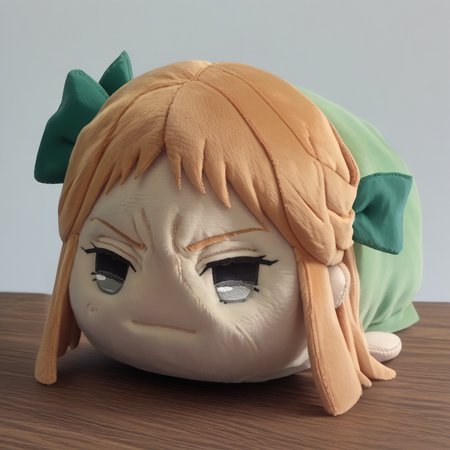 score_9, score_8_up, solo, <lora:NSRitsuFrusket:1> NSRitsuFrusket, grey eyes, medium hair, half updo, green hair ribbon, light brown hair, <lora:hauntedBeanPlushieThatWill_v10:1.2> haunted bean plushie