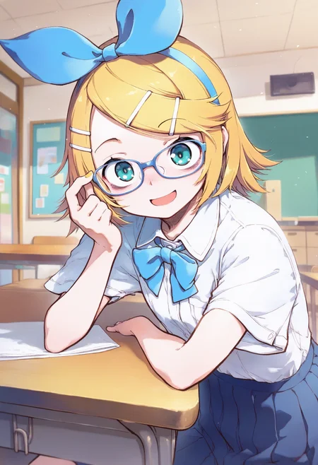 masterpiece,best quality,amazing quality,
1girl, solo, kagamine rin, blonde hair, skirt, glasses, hair ornament, shirt, hairclip, smile, short hair, blue skirt, open mouth, bow, white shirt, bespectacled, short sleeves, pleated skirt, ribbon, looking at viewer, hair bow, upper body, aqua eyes, bangs, blue-framed eyewear, blue bow, hairband, collared shirt, indoors, 
 <lora:Suzuki Kyoutaro-000009:1>