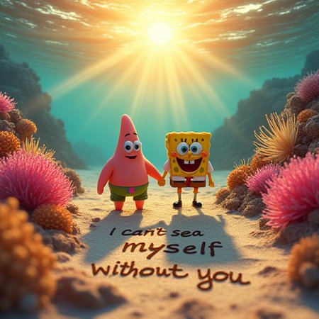 A whimsical underwater sunset scene with Patrick Star and SpongeBob SquarePants holding hands, walking through a magical coral garden blooming with vibrant pink and yellow flowers. Delicately etched in the wet sand, the playful text reads: 'I can't sea myself without you'. Soft golden light filtering through ocean waters, creating a dreamy, romantic atmosphere. Delicate sea anemones swaying gently, symbolizing their deep friendship and love. Pastel color palette, impressionistic style, soft focus, cinematic composition with warm, glowing lighting.