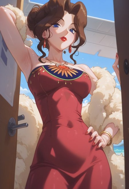 score_9, score_8_up, score_7_up, PMSAL, brown hair, single hair bun, low hair bun, bangs, sidelocks, lipstick, blue eyes, breasts, nail polish, earrings, strapless dress, red dress, bracelet, feather boa, red high heels, looking at viewer, facing viewer, armpits, from below, upper body, close-up, BREAK indoors, blue sky, day, sunlight, on yacht, party,