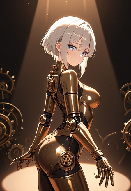 masterpiece, best quality, good quality, very aesthetic, absurdres, newest, 8K, depth of field,  in the style of cknc, artist:moriimee, in the style of cksc, 
1girl, short platinum hair, sleek, blue eyes, medium breasts, perky, metallic bodysuit, jointed limbs, glossy skin, performing pirouette, looking at viewer, from side
BREAK
steampunk theater, gears turning, spotlight shining
BREAK
warm light, bronze tones, high contrast, dramatic shadows, rich details, elegant atmosphere