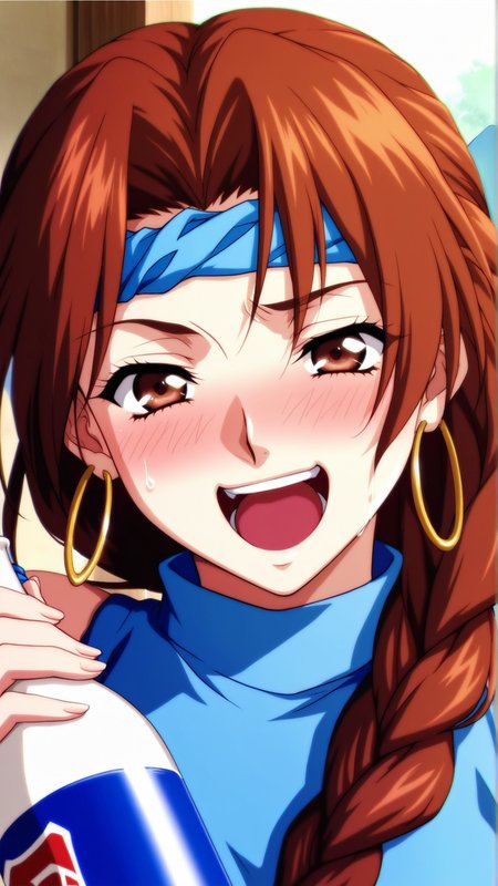 source_anime, general, best quality, masterpiece, 1girl,  <lora:Rebecca_Turner_ill_v1.0:1> rebecca_turner\(srw\),brown eyes, brown hair, braid,single braid,jewelry,long hair, hoop earrings, hair over shoulder, blue headband, bandana, in heat, laughing, holding sake bottle,