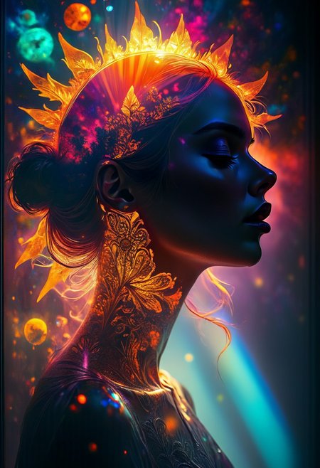 Complex background, sun, sunlight, wonder, ethereal magical atmosphere, dynamic, girlfriend, 1 girl, haute couture, vivid, backlight colors, silhouette colors, cosmic frame, black background, portrait, photo, closed eyes, cinematic perfect, intricate, stunning fine details,
ultra-sharp, exquisite details, flawless composition, vivid colors, masterpiece, exciting background. , High Definition HD, high details, perfect composition, 
best quality, ultra-detailed, very aesthetic, illustration, perfect composition, intricate details, absurd, atmospheric lighting, streaks of light, vibrant colors, very detailed, midjourneyv6.1, detail background, perfection, double exposure, Jed-dblexpsre effect
