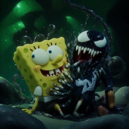 Spongebob Squarepants being overtaken by a Venom symbiote, his sponge texture morphing into glossy black with white tendrils spreading across his porous body. His eyes glow ominously, and sharp jagged Venom teeth replace his usual smile. Gary the Snail sits nearby, his eyes wide with horror and his shell gleaming under the dramatic cinematic lighting. The setting is a dimly lit underwater cave with eerie green bioluminescence reflecting off the water and rocky surfaces. Artistic style: 3D render, cinematic lighting, hyper-detailed textures, inspired by photorealistic animation and Venom comic aesthetics.
 <lora:aidmaMJ6.1_v0.5_3:0.7> aidmaMJ6.1  <lora:SpongeBobFlux:1> <lora:venomizedFlux:1>