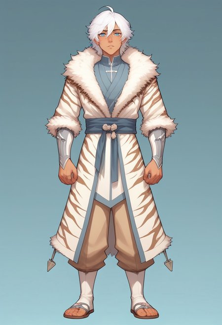 score_9, score_8_up, score_7_up, charturnerv2, sz4d3k, 1boy, even skin tone, cell shaded, male focus, indirect lighting, detailed face, detailed eyes, detailed, Expressiveh, Byakko, white hair, blue eyes, dark skin, white tiger coat, fur trim, wrist clothes, tan pants, sandals, standing, solo, alone, hands, detailed hands, anatomically correct hands, five fingers, NEGATIVE_HANDS