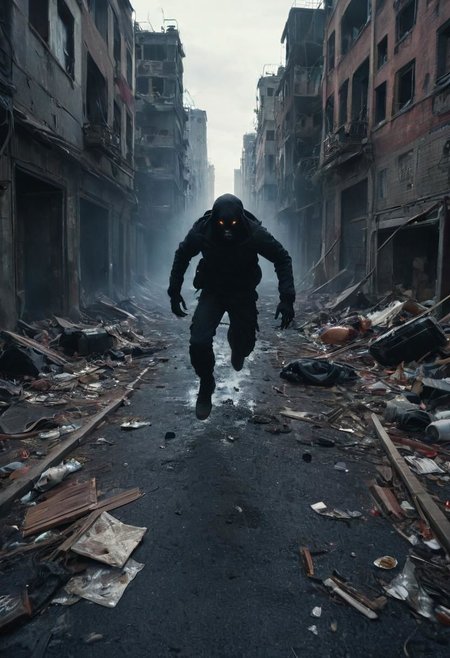 Large DARK abyss above the City, Running through dystopian City, See running hands, Trash, violence, tears, First person, fpv, Large Horror Monster horizon, See hands fpv