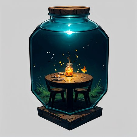 otherworldly, hexagonal composition, glass jar, wooden table, fireflies, night, outdoors, simple background  <lora:hexagon_composition_03:0.6>