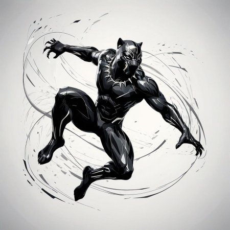Dynamic Black Panther action pose, leaping through the air,  expressive thick and thin lines, black and white, swirling lines emphasize movement, abstract forms, geometric shapes, minimalist background