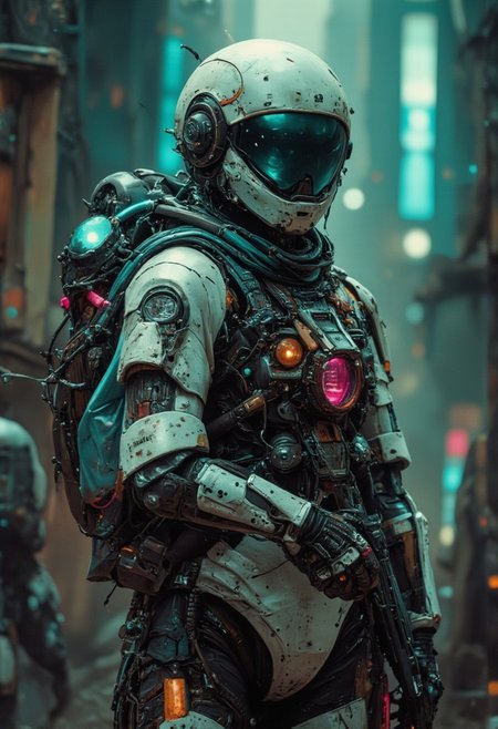 The scene is shrouded in oppressive darkness, punctuated only by the eerie glow of washed-out neon hues—sickly pink, ominous green, and unsettling blue—casting ghostly shadows across a crumbling urban landscape. This highly detailed analog photo captures a nightmarish vision of a dystopian future. A Female Samurai, encased in a bulky, white high-tech spacesuit, stands defiantly. Her helmet and goggles reflect the chaotic environment, hinting at a world teetering on the brink of collapse in Midjourney style.
Clutching a gun, dark energy crackles ominously along its length, thrumming with malevolence as it prepares to unleash devastation. At the barrel’s end, a swirling mass of dark turquoise and sickly pink energy gathers, casting an unsettling light that flickers like a dying star. Her suit is adorned with ragged pockets and frayed straps, a prominent backpack brimming with tangled wires and luminous translucent hoses—an unsettling testament to her perilous journey through this unforgiving landscape.
Volumetric lighting seeps through the cracked remnants of civilization, creating a haunting atmosphere that speaks of desperation and decay. The air is thick with tension, and every shadow seems alive, whispering of the horrors lurking just beyond the edges of the dimly lit scene.