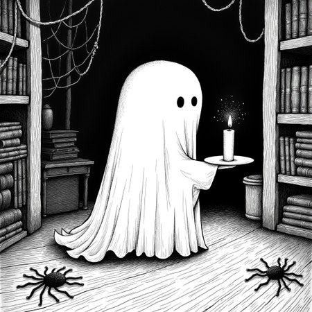 darkdreary, black and white ink drawing depicting a cute little ghost holding a plate with a lit candle on it. The background is an attic filled with old books and furniture, there are spiderwebs on the foreground
