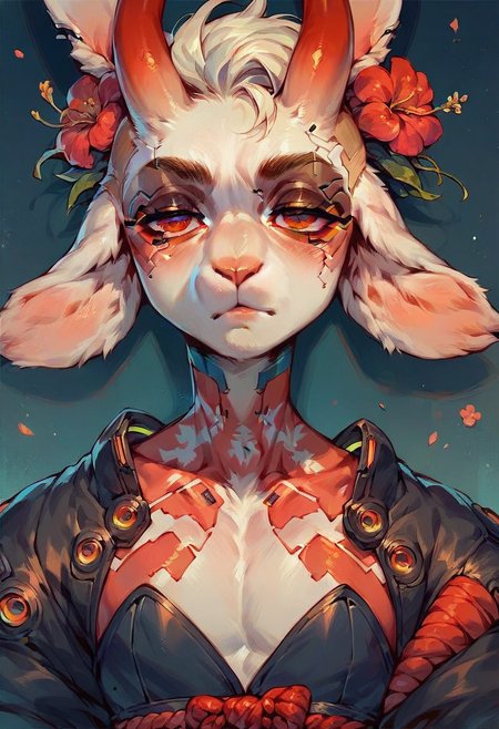 score_9, score_8, score_7, score_9, score_8_up, score_8, score_9, solo, ninja, cyberpunk red Ninja, black to red oni horns with a flower, (cyberpunk neon red eyes), boy, bored face, semi clothed, goat Femboy, cute, big adorable eyes, goat/bunny fusion, bunny ears ram goat ears, revealing and slutty Femboy attire, male  Anthro, nonchalant cockiness,