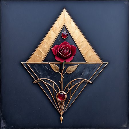 ArsMJStyle, Art Deco, <lora:add-detail-xl:1.2>,   <lora:Art_Deco:1> ArsMJStyle, Art Deco, The image shows a red rose in the center of a triangle on a black background surrounded by a golden triangle. The rose is a deep red color and the triangle is a golden hue. The background is a stark black creating a striking contrast with the vibrant red of the rose., no humans, still life, flower, red flower, rose, traditional media, red rose, border, leaf, painting (medium), framed, red gemstone, acrylic paint (medium), coffin